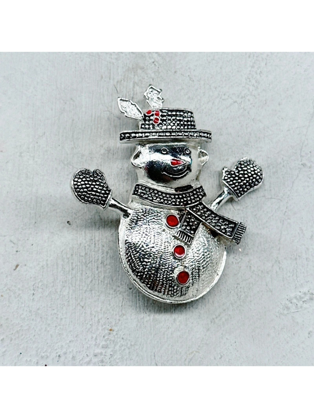 6299mc. Silvertone Christmas Brooch Red Snowman